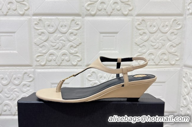 Affordable Price Saint Laurent Cassandra Wedge Thong Sandals 3.5cm in Calfskin Beige 0825124
