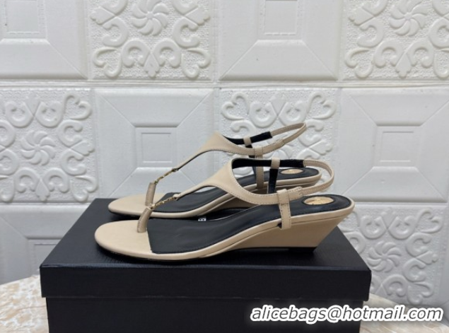 Affordable Price Saint Laurent Cassandra Wedge Thong Sandals 3.5cm in Calfskin Beige 0825124
