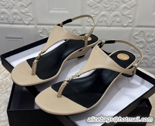 Affordable Price Saint Laurent Cassandra Wedge Thong Sandals 3.5cm in Calfskin Beige 0825124