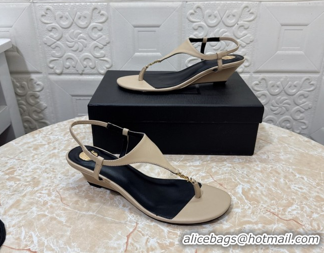 Affordable Price Saint Laurent Cassandra Wedge Thong Sandals 3.5cm in Calfskin Beige 0825124