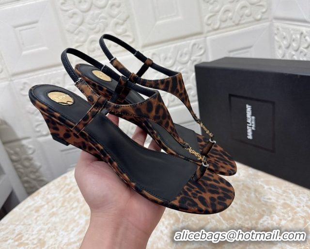AAAAA Saint Laurent Cassandra Wedge Thong Sandals 3.5cm in Leopard Print 0825125
