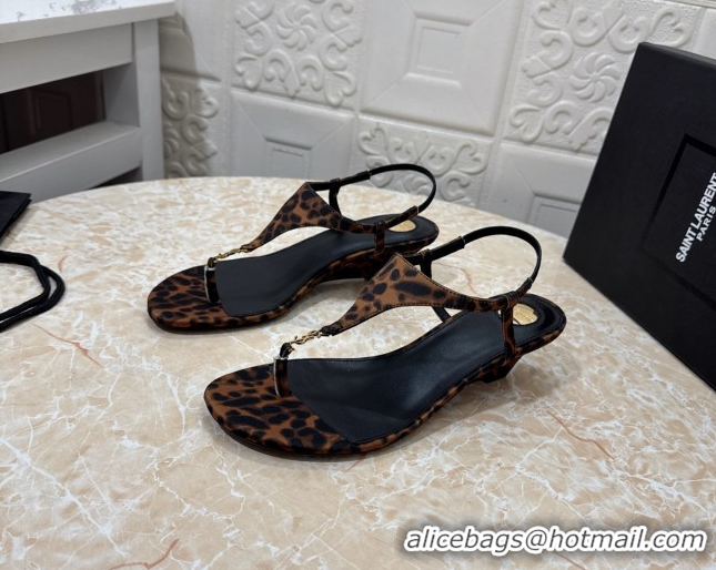 AAAAA Saint Laurent Cassandra Wedge Thong Sandals 3.5cm in Leopard Print 0825125
