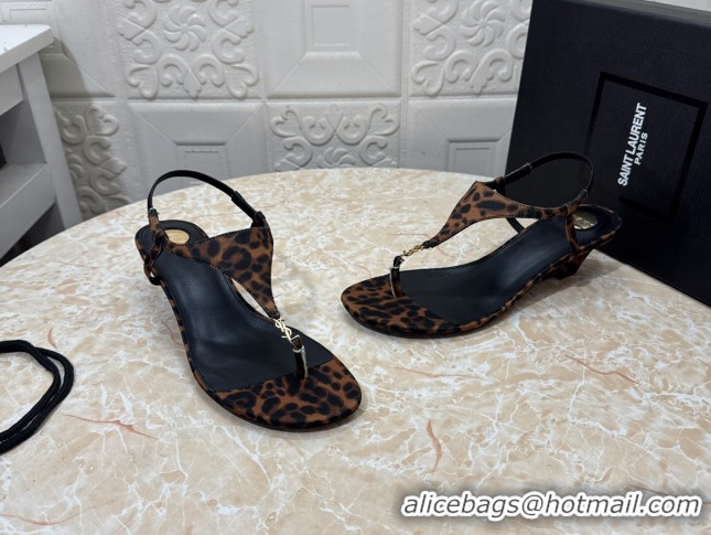 AAAAA Saint Laurent Cassandra Wedge Thong Sandals 3.5cm in Leopard Print 0825125