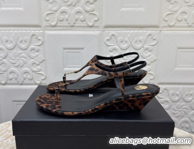 AAAAA Saint Laurent Cassandra Wedge Thong Sandals 3.5cm in Leopard Print 0825125