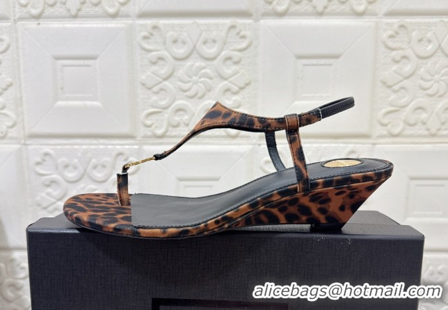 AAAAA Saint Laurent Cassandra Wedge Thong Sandals 3.5cm in Leopard Print 0825125