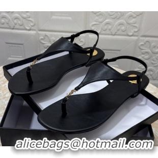 Duplicate Saint Laurent Cassandra Flat Thong Sandals in Calfskin Black 0825126