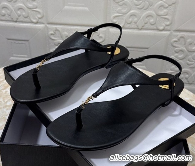 Duplicate Saint Laurent Cassandra Flat Thong Sandals in Calfskin Black 0825126