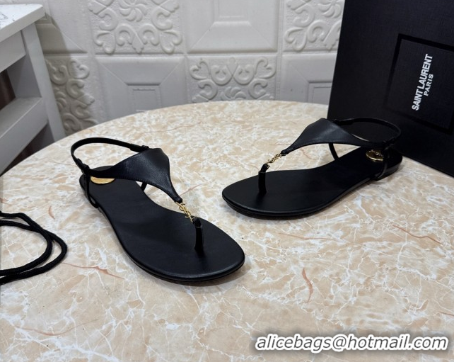 Duplicate Saint Laurent Cassandra Flat Thong Sandals in Calfskin Black 0825126