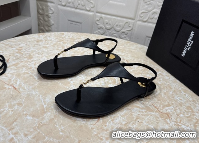 Duplicate Saint Laurent Cassandra Flat Thong Sandals in Calfskin Black 0825126