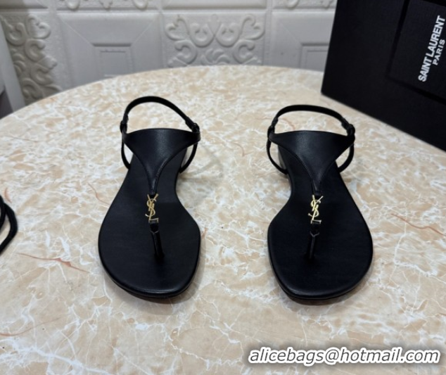 Duplicate Saint Laurent Cassandra Flat Thong Sandals in Calfskin Black 0825126