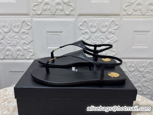 Duplicate Saint Laurent Cassandra Flat Thong Sandals in Calfskin Black 0825126