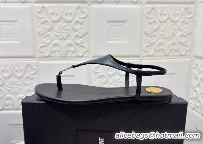 Duplicate Saint Laurent Cassandra Flat Thong Sandals in Calfskin Black 0825126