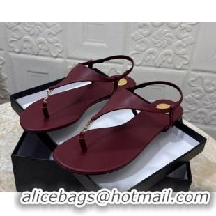 Best Price Saint Laurent Cassandra Flat Thong Sandals in Calfskin Burgundy 0825127