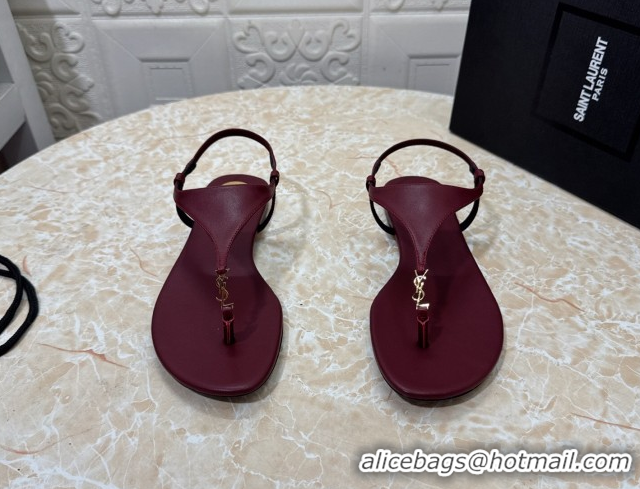 Best Price Saint Laurent Cassandra Flat Thong Sandals in Calfskin Burgundy 0825127