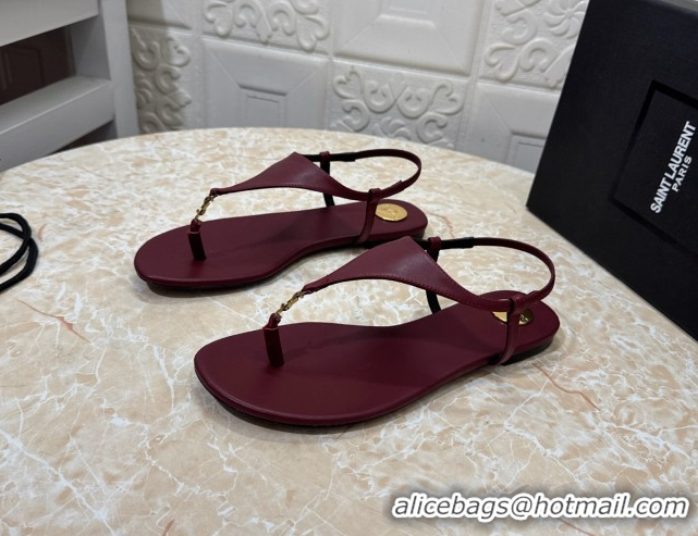 Best Price Saint Laurent Cassandra Flat Thong Sandals in Calfskin Burgundy 0825127