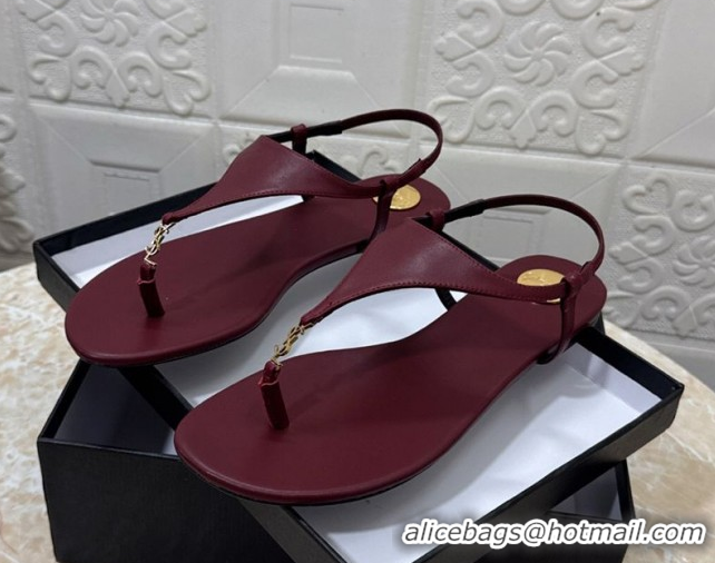 Best Price Saint Laurent Cassandra Flat Thong Sandals in Calfskin Burgundy 0825127