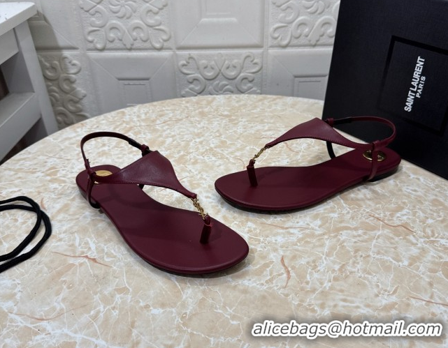 Best Price Saint Laurent Cassandra Flat Thong Sandals in Calfskin Burgundy 0825127