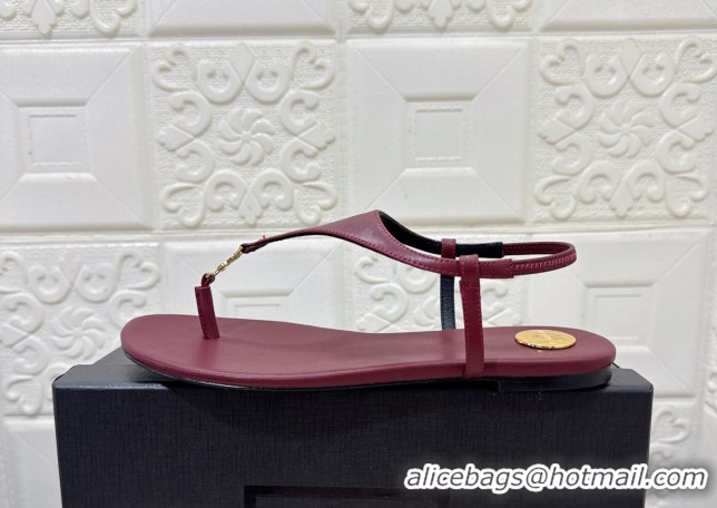 Best Price Saint Laurent Cassandra Flat Thong Sandals in Calfskin Burgundy 0825127