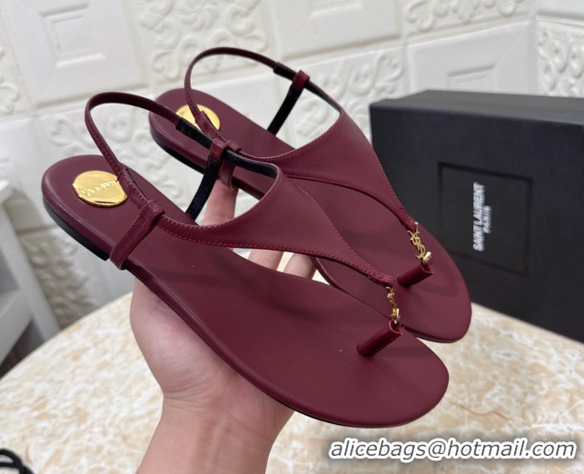 Best Price Saint Laurent Cassandra Flat Thong Sandals in Calfskin Burgundy 0825127