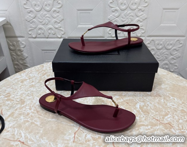 Best Price Saint Laurent Cassandra Flat Thong Sandals in Calfskin Burgundy 0825127