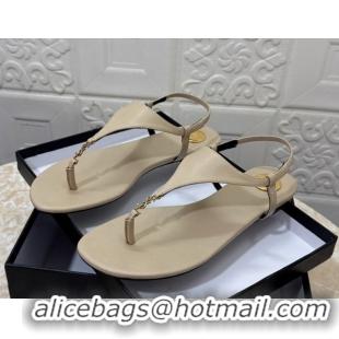 Duplicate Saint Laurent Cassandra Flat Thong Sandals in Calfskin Beige 0825129