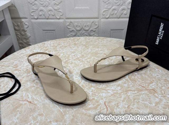 Duplicate Saint Laurent Cassandra Flat Thong Sandals in Calfskin Beige 0825129