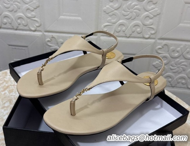 Duplicate Saint Laurent Cassandra Flat Thong Sandals in Calfskin Beige 0825129