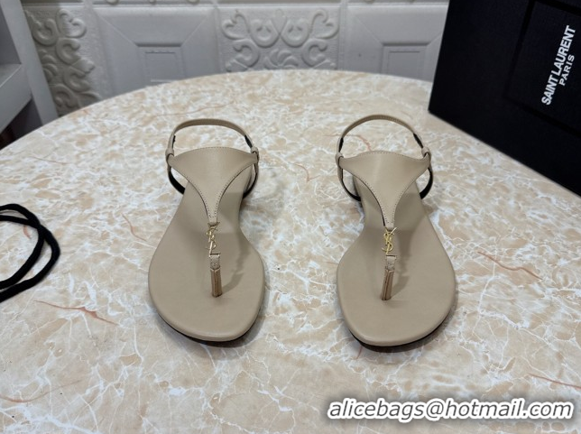 Duplicate Saint Laurent Cassandra Flat Thong Sandals in Calfskin Beige 0825129