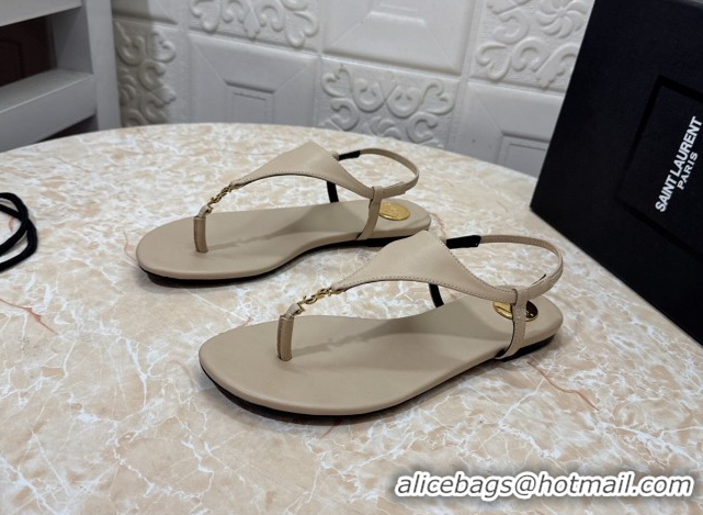 Duplicate Saint Laurent Cassandra Flat Thong Sandals in Calfskin Beige 0825129