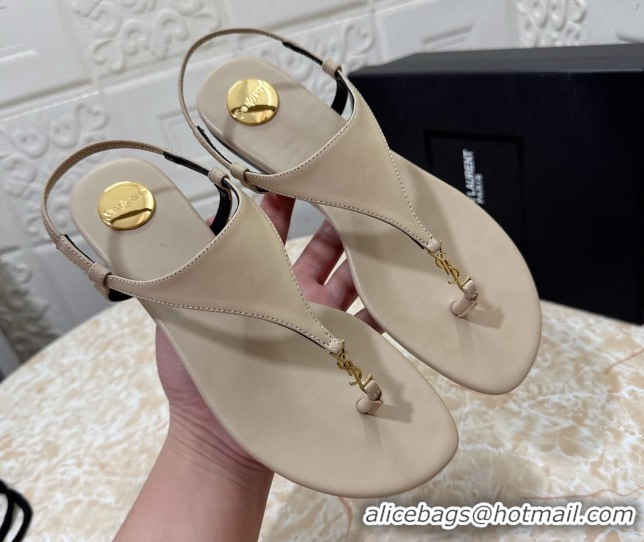 Duplicate Saint Laurent Cassandra Flat Thong Sandals in Calfskin Beige 0825129