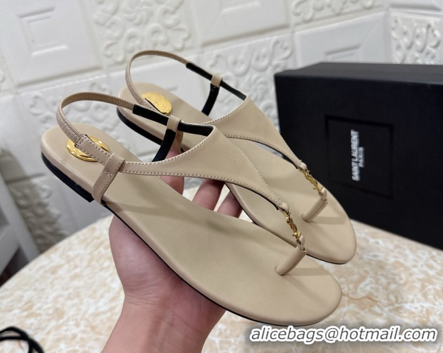Duplicate Saint Laurent Cassandra Flat Thong Sandals in Calfskin Beige 0825129