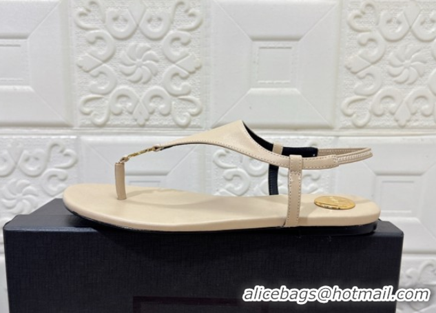 Duplicate Saint Laurent Cassandra Flat Thong Sandals in Calfskin Beige 0825129