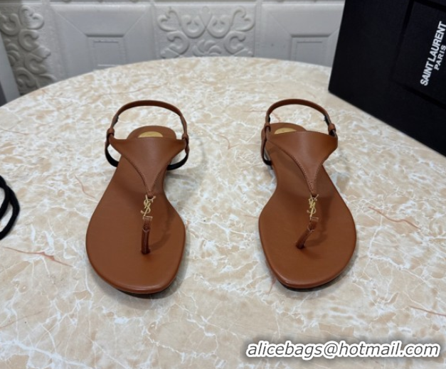 New Style Saint Laurent Cassandra Flat Thong Sandals in Calfskin Brown 0825130