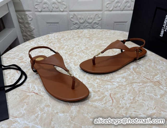 New Style Saint Laurent Cassandra Flat Thong Sandals in Calfskin Brown 0825130