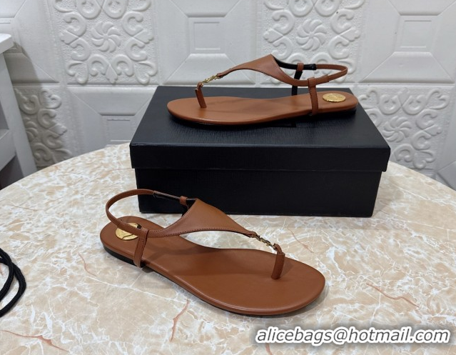 New Style Saint Laurent Cassandra Flat Thong Sandals in Calfskin Brown 0825130