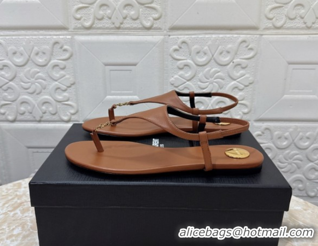 New Style Saint Laurent Cassandra Flat Thong Sandals in Calfskin Brown 0825130