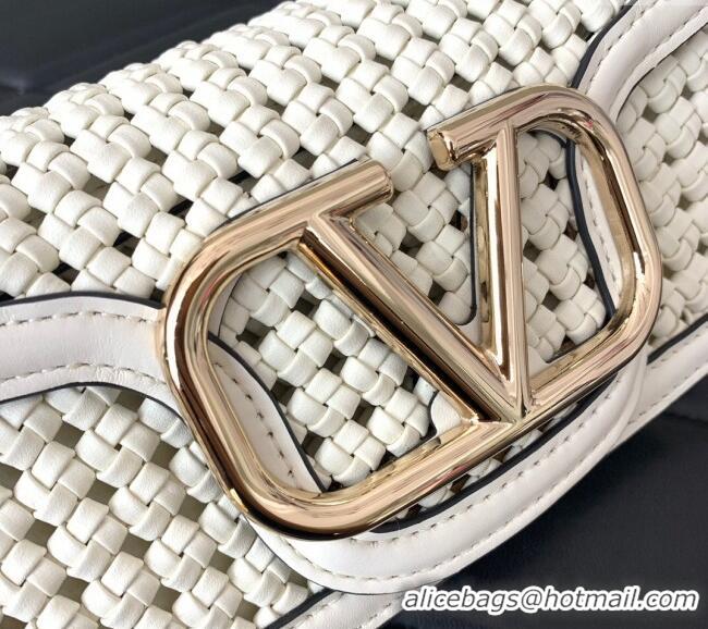 Inexpensive Valentino Loco Small Shoulder Bag in Woven Leather 5041 White 2024