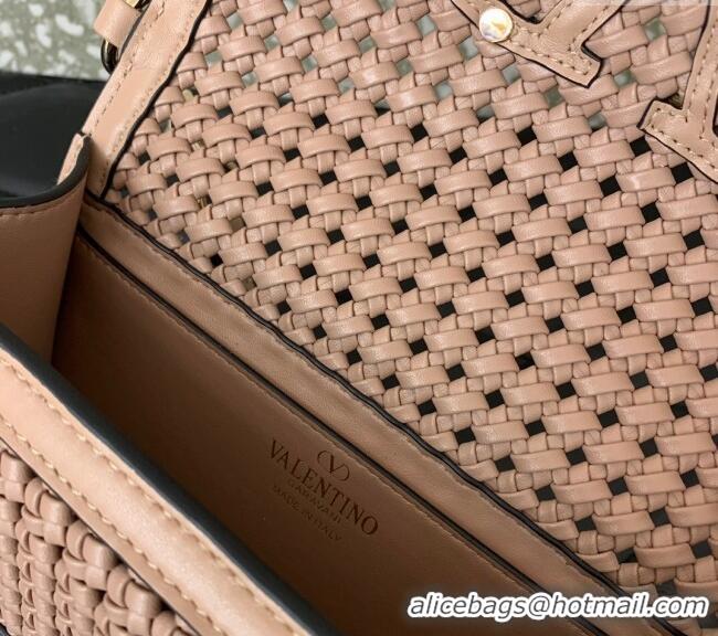Cheap Design Valentino Loco Small Shoulder Bag in Woven Leather 5041 Rose Beige 2024