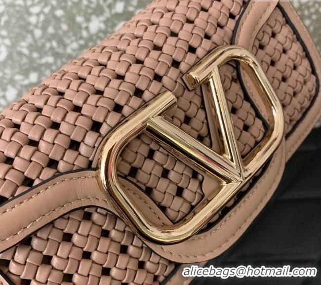 Cheap Design Valentino Loco Small Shoulder Bag in Woven Leather 5041 Rose Beige 2024