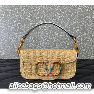 Best Price Valentino Loco Small Shoulder Bag in Raffia Straw with Jewel Logo 5016 Beige/White 2024
