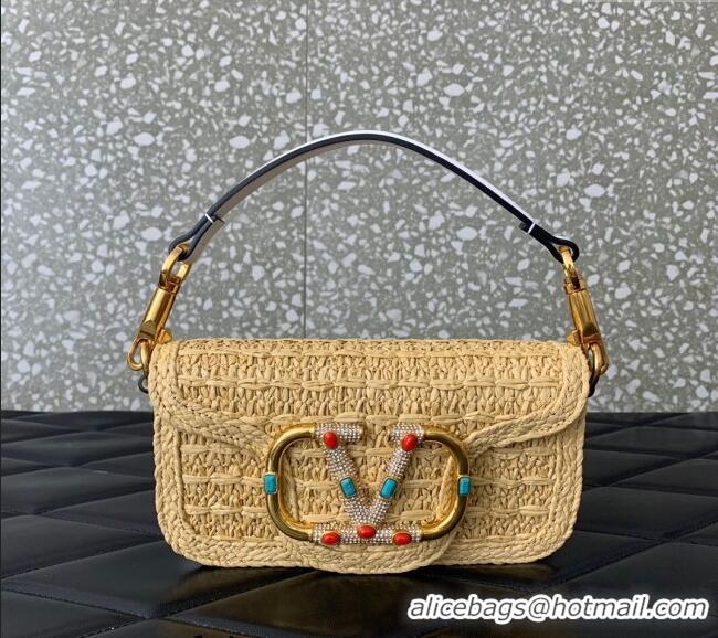 Best Price Valentino Loco Small Shoulder Bag in Raffia Straw with Jewel Logo 5016 Beige/White 2024