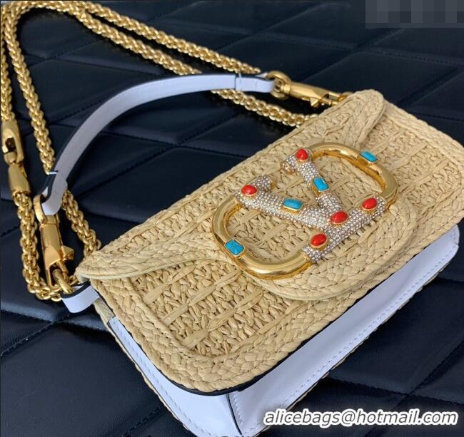 Best Price Valentino Loco Small Shoulder Bag in Raffia Straw with Jewel Logo 5016 Beige/White 2024