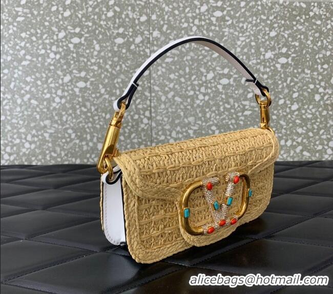 Best Price Valentino Loco Small Shoulder Bag in Raffia Straw with Jewel Logo 5016 Beige/White 2024