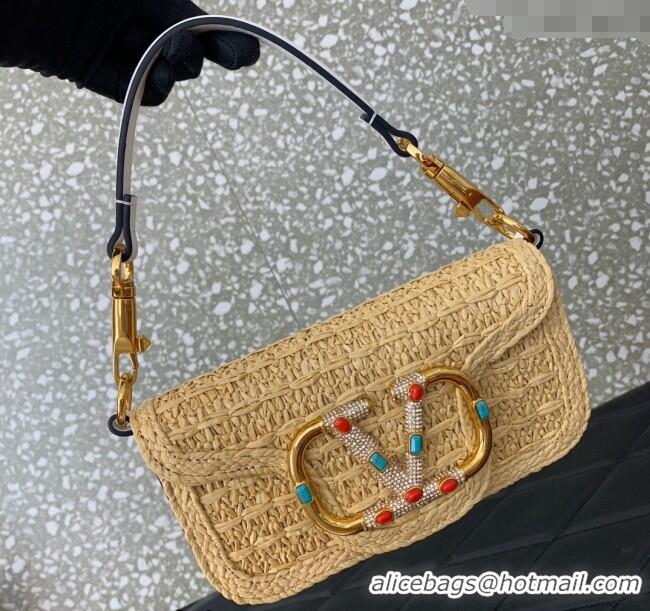 Best Price Valentino Loco Small Shoulder Bag in Raffia Straw with Jewel Logo 5016 Beige/White 2024