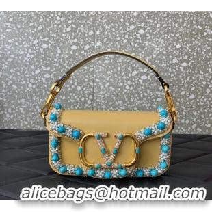 Famous Brand Valentino Loco Small Shoulder Bag with Embroidered Trim 6036 Yellow 2024