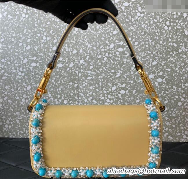 Famous Brand Valentino Loco Small Shoulder Bag with Embroidered Trim 6036 Yellow 2024