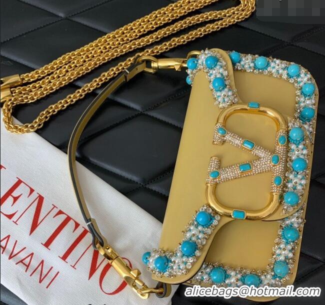 Famous Brand Valentino Loco Small Shoulder Bag with Embroidered Trim 6036 Yellow 2024