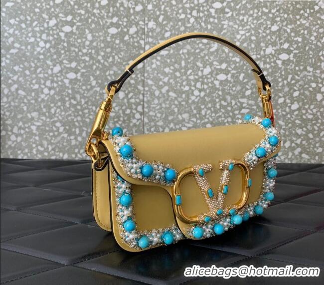 Famous Brand Valentino Loco Small Shoulder Bag with Embroidered Trim 6036 Yellow 2024