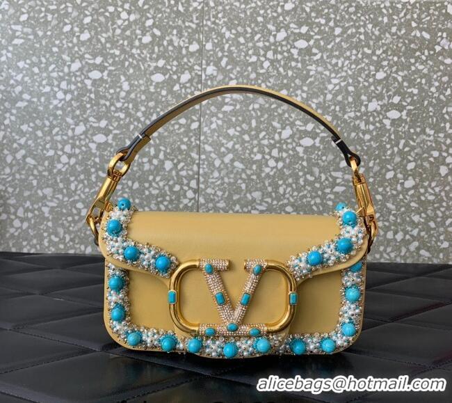 Famous Brand Valentino Loco Small Shoulder Bag with Embroidered Trim 6036 Yellow 2024