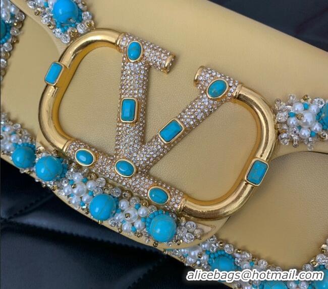 Famous Brand Valentino Loco Small Shoulder Bag with Embroidered Trim 6036 Yellow 2024